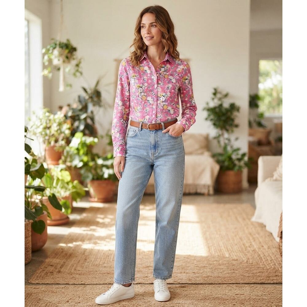 Anthropologie Holding Horses Pink Floral Button Down Shirt 0 Cotton Boho